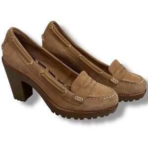 Sperry Top-Sider Womens 7.5M Tan Suede Block Heel Platform Lug Sole Loafers Y2K